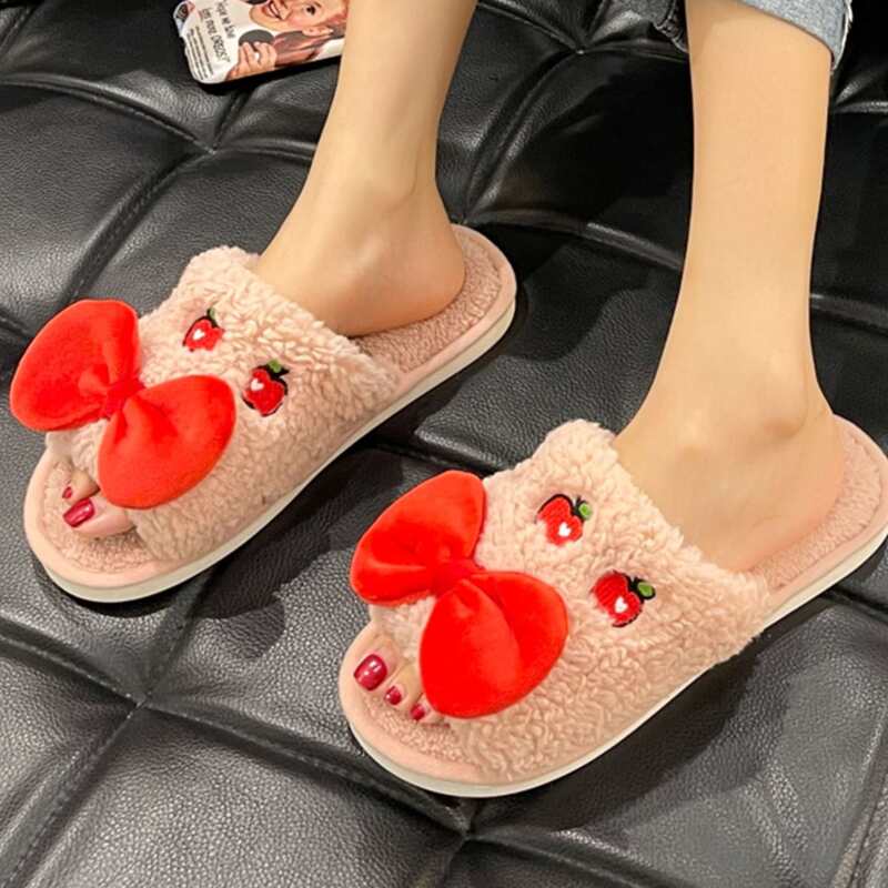

Bow Decor Fluffy Slippers, Pink