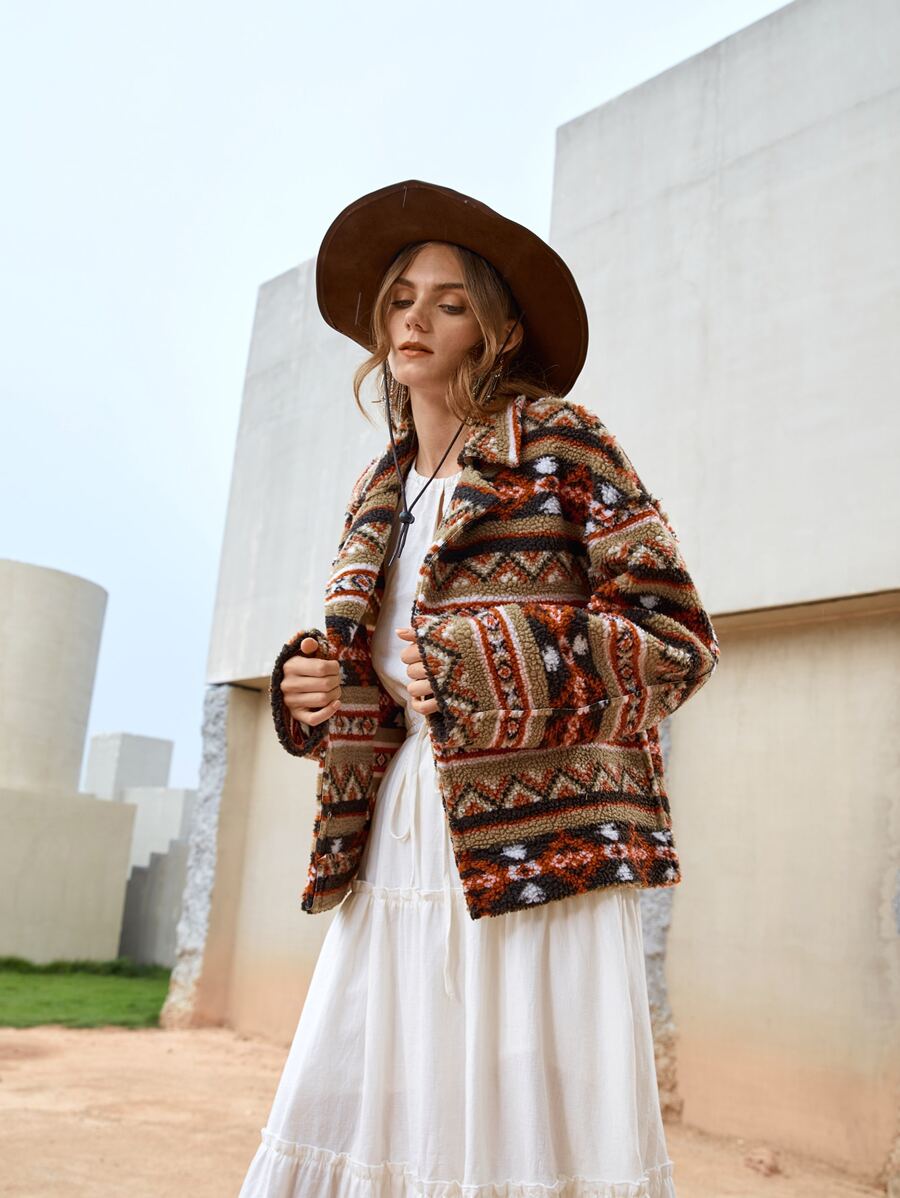 SHEIN Geo Print Drop Shoulder Fleece Jacket - Multicolor - View 1