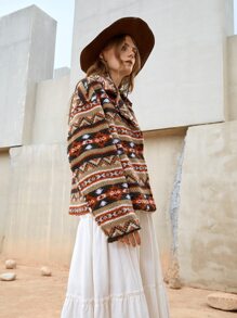 SHEIN Geo Print Drop Shoulder Fleece Jacket - Multicolor - View 5