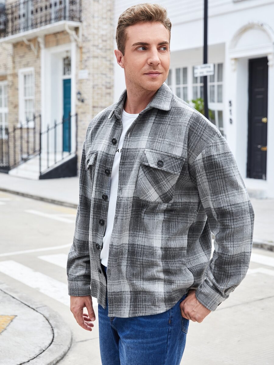 Manfinity Men Tartan Print Drop Shoulder Flap Pocket Jacket - Multicolor - View 1