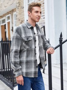 Manfinity Men Tartan Print Drop Shoulder Flap Pocket Jacket - Multicolor - View 4
