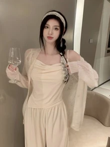 不對稱下擺堆堆領吊帶上衣 - 杏色 - 查看 1