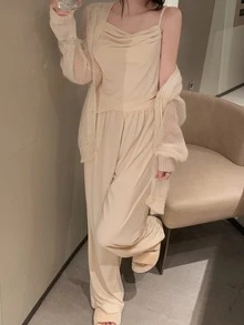 不對稱下擺堆堆領吊帶上衣 - 杏色 - 查看 3