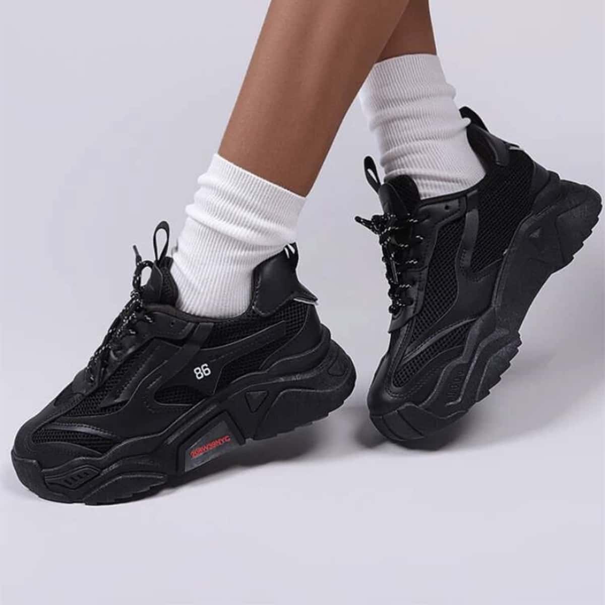 

Lace Up Front Mesh Panel Chunky Sneakers, Black