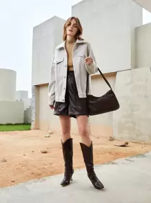 SHEIN Essnce 落肩袖翻蓋細節花呢外套 - 淺灰色 - 查看 1