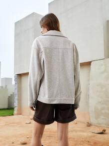 SHEIN Essnce 落肩袖翻蓋細節花呢外套 - 淺灰色 - 查看 2