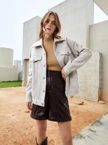 SHEIN Essnce 落肩袖翻蓋細節花呢外套 - 淺灰色 - 查看 4