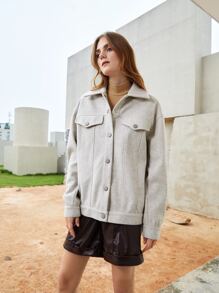 SHEIN Essnce 落肩袖翻蓋細節花呢外套 - 淺灰色 - 查看 5