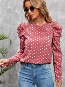SHEIN Clasi Polka Dot Tie Back Gigot Sleeve Blouse - Baby Pink - View 1