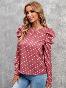 SHEIN Clasi Polka Dot Tie Back Gigot Sleeve Blouse - Baby Pink - View 3