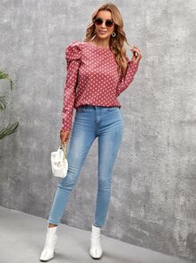 SHEIN Clasi Polka Dot Tie Back Gigot Sleeve Blouse - Baby Pink - View 4