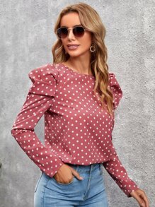SHEIN Clasi Polka Dot Tie Back Gigot Sleeve Blouse - Baby Pink - View 5