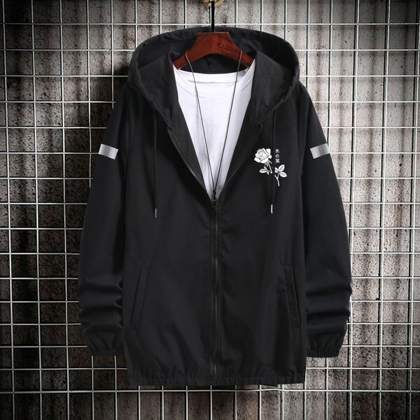 

Men Reflective Floral And Letter Graphic Slant Pocket Zip Up Hooded Jacket, Black