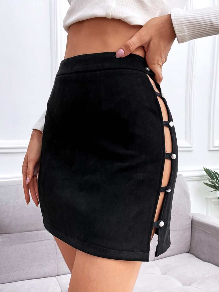 Falda con abertura escalonada - Negro - Ver 1