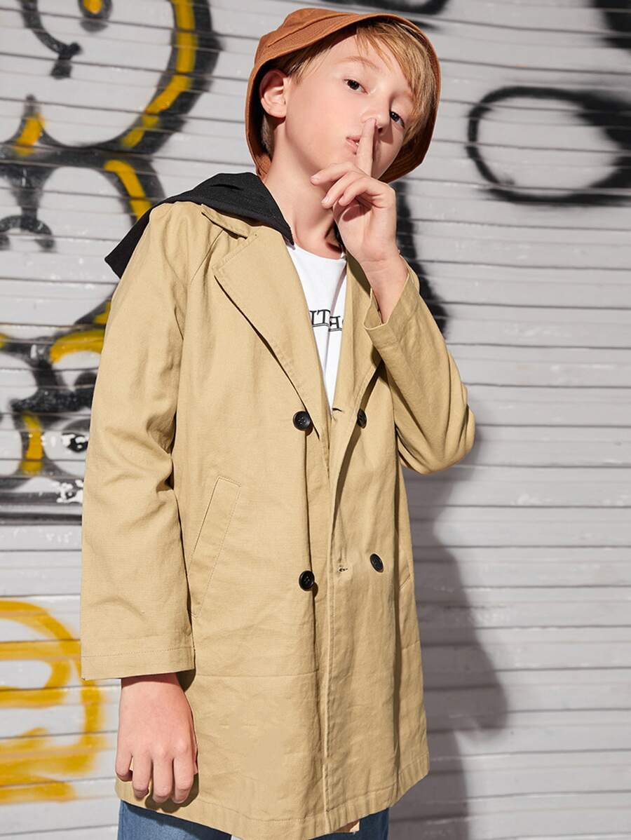SHEIN 男孩雙排釦連帽風衣外套