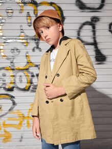 SHEIN 男孩雙排釦連帽風衣外套