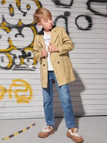 SHEIN 男孩雙排釦連帽風衣外套