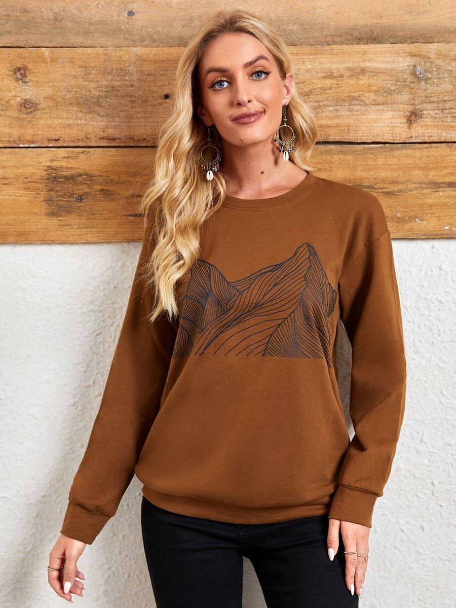 SHEIN Áo nỉ In Đồ họa Thả vai - Cà phê nâu - Xem 1