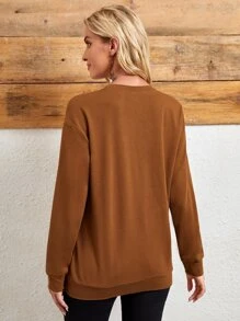 SHEIN Áo nỉ In Đồ họa Thả vai - Cà phê nâu - Xem 2