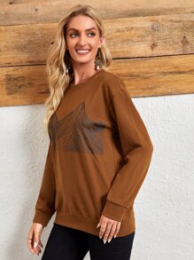 SHEIN Áo nỉ In Đồ họa Thả vai - Cà phê nâu - Xem 3