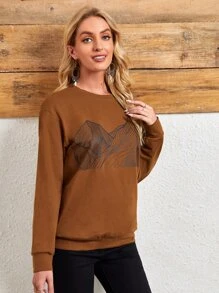 SHEIN Áo nỉ In Đồ họa Thả vai - Cà phê nâu - Xem 4