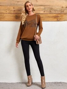 SHEIN Áo nỉ In Đồ họa Thả vai - Cà phê nâu - Xem 5