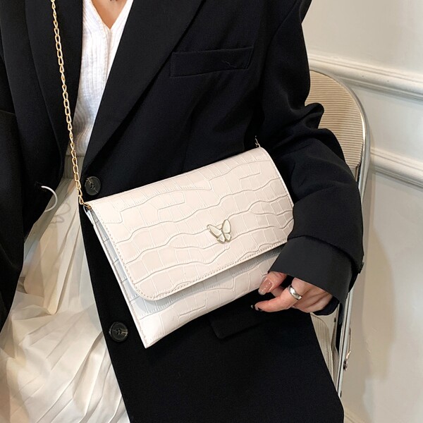 

Butterfly Decor Croc Embossed Flap Square Bag, White