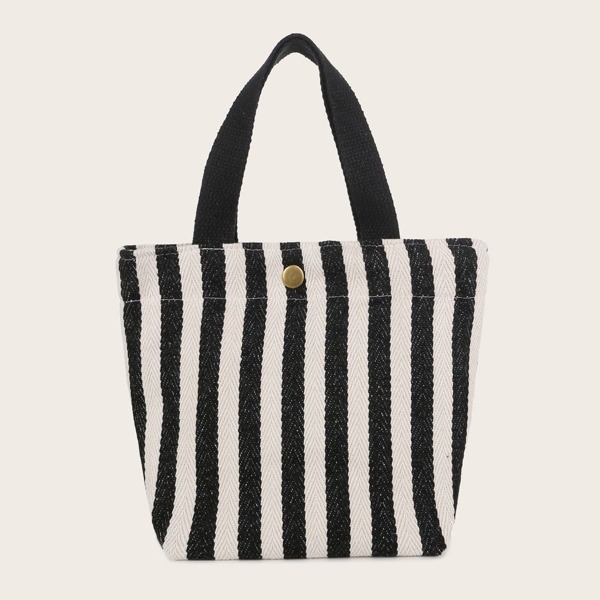 

Two Tone Striped Pattern Top Handle Bag, Black and white