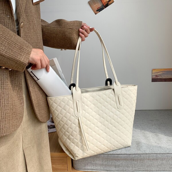 

Minimalist Quilted Shoulder Tote Bag, Beige