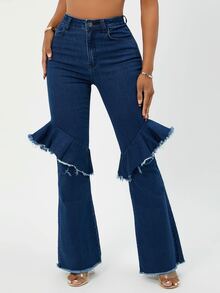 高腰毛邊抽鬚荷葉邊牛仔喇叭褲 - 深色水洗藍 - 查看 3