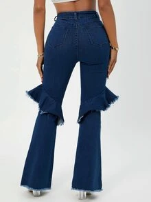 高腰毛邊抽鬚荷葉邊牛仔喇叭褲 - 深色水洗藍 - 查看 2