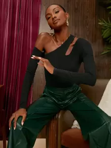 SHEIN BAE Cut Out Asymmetrical Neck Bodysuit - Black - View 2