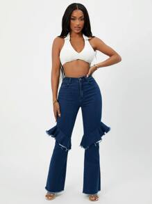 高腰毛邊抽鬚荷葉邊牛仔喇叭褲 - 深色水洗藍 - 查看 1