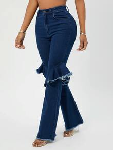 高腰毛邊抽鬚荷葉邊牛仔喇叭褲 - 深色水洗藍 - 查看 4