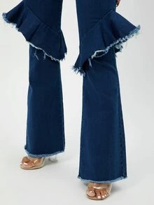 高腰毛邊抽鬚荷葉邊牛仔喇叭褲 - 深色水洗藍 - 查看 5