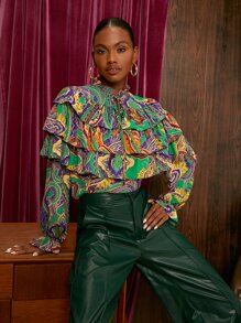 SHEIN Privé 撞色多層前繫帶襯衫 - 彩色 - 查看 3