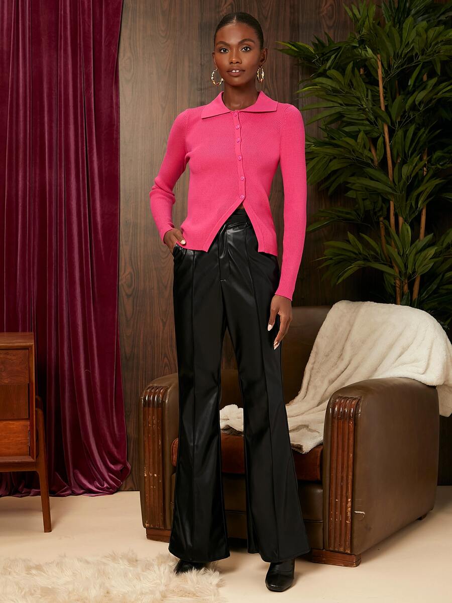 SHEIN X Georgia Toffolo Cut Out Front Ribbed-knit Cardigan - Hot Pink - View 1