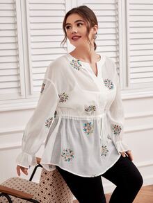 Mulvari 大碼花卉刺繡荷葉袖缺口領腰部抽繩襯衫 - 白色 - 查看 3