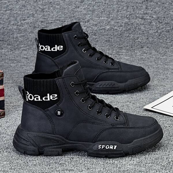 

Men Lace-up Front Letter Graphic Boots, Black