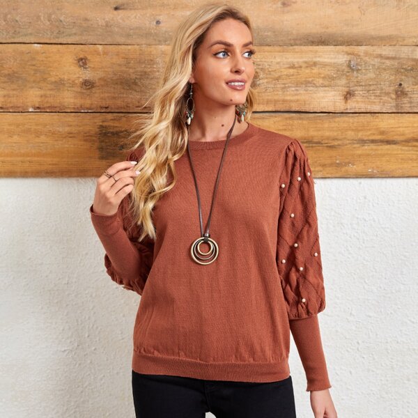 

Pearl Beaded Lantern Sleeve Sweater, Rust brown
