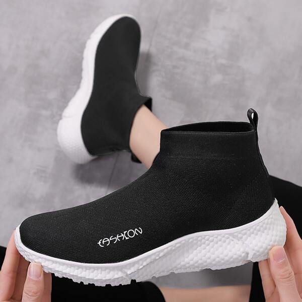 

Knit Detail Slip On Sneakers, Black and white