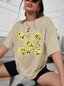 Smile Face Print Oversized Tee - Khaki - View 1