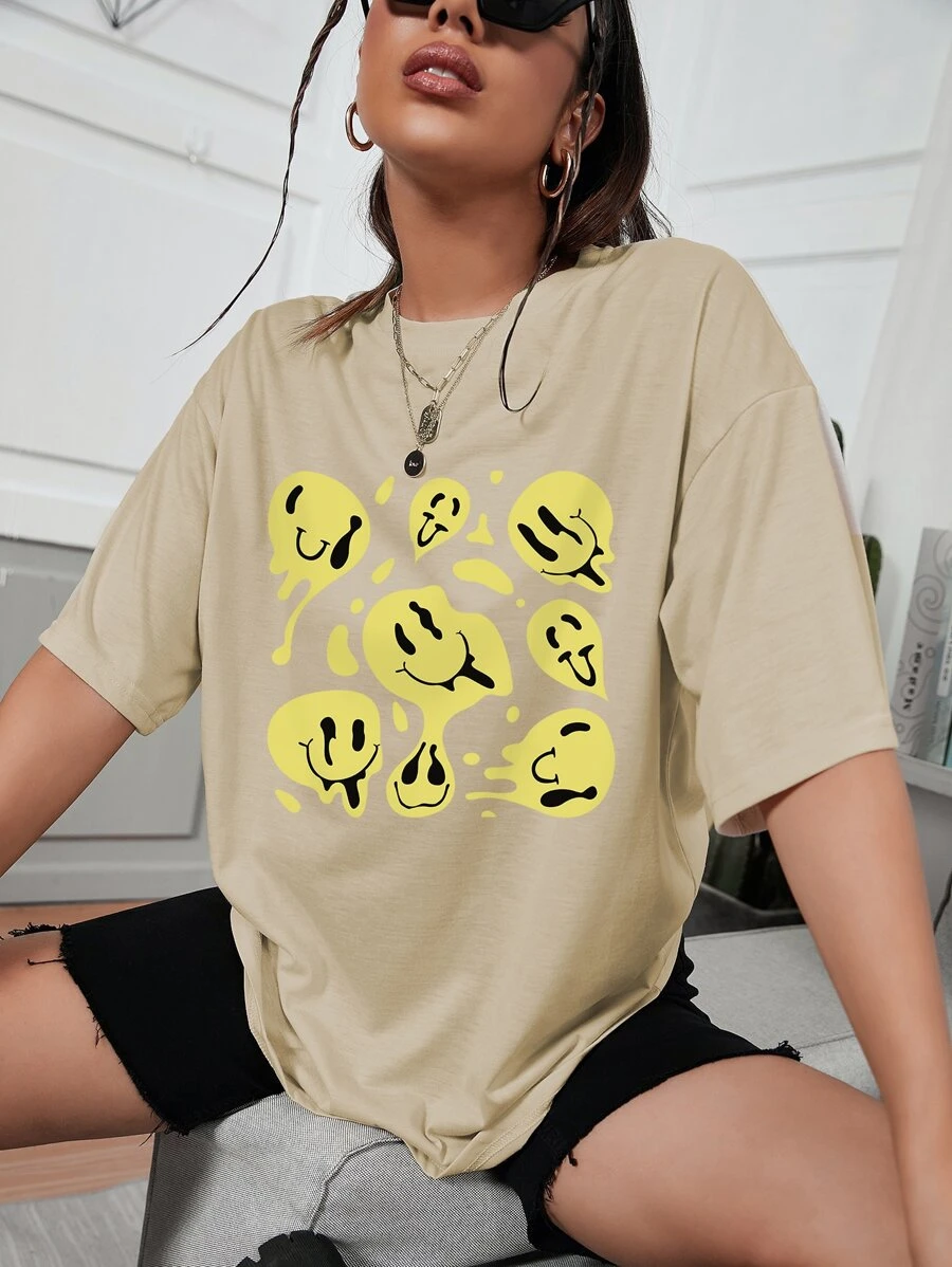 Smile Face Print Oversized Tee - Khaki - View 1