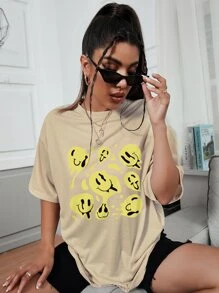 Smile Face Print Oversized Tee - Khaki - View 3