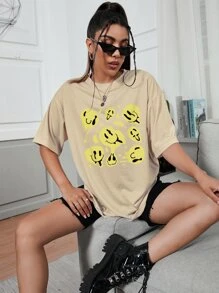 Smile Face Print Oversized Tee - Khaki - View 4
