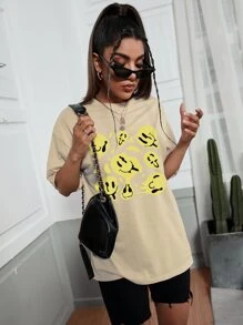 Smile Face Print Oversized Tee - Khaki - View 5