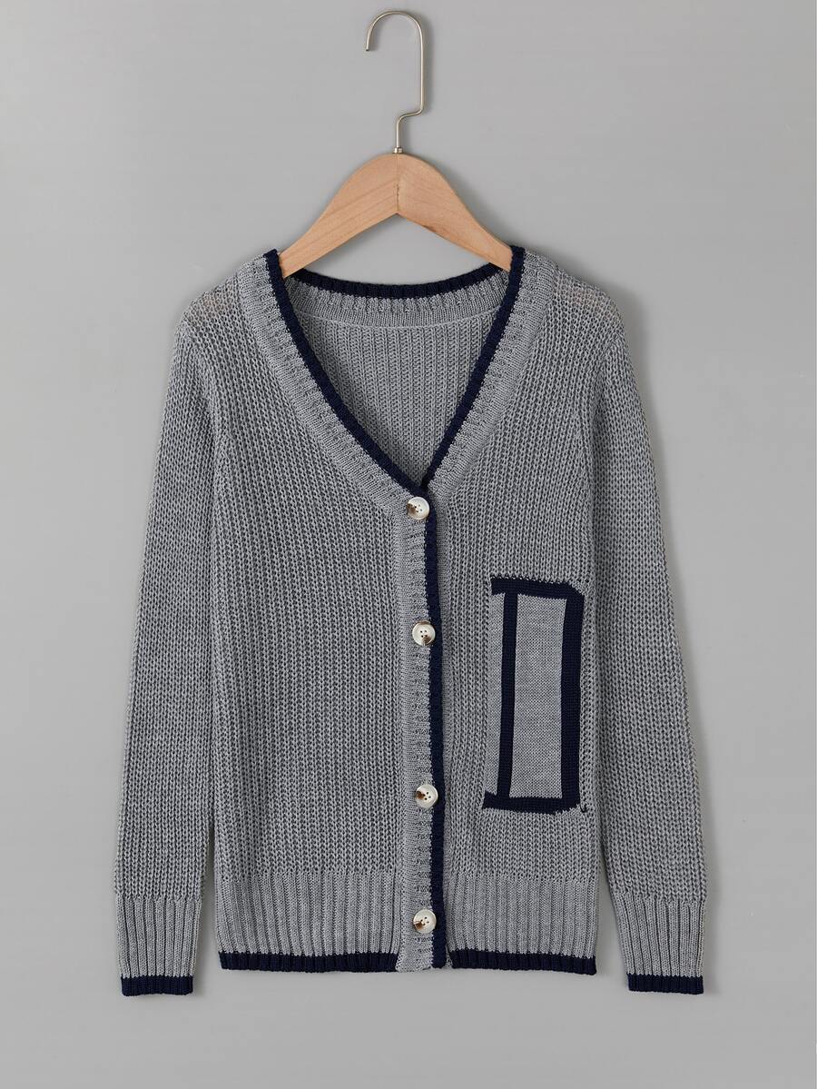 Niños Cárdigan con patrón de letra ribete en contraste - Gris - Ver 1