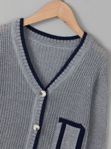 Niños Cárdigan con patrón de letra ribete en contraste - Gris - Ver 4
