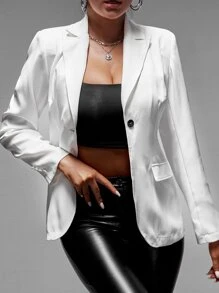 SHEIN SXY Áo khoác  âu phục nữ Nút phía trước màu trơn Thanh lịch - trắng - Xem 1