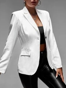 SHEIN SXY Áo khoác  âu phục nữ Nút phía trước màu trơn Thanh lịch - trắng - Xem 3